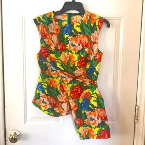 ZARA Yellow Multicolor Floral Cotton Asymmetric Peplum Top EUC
